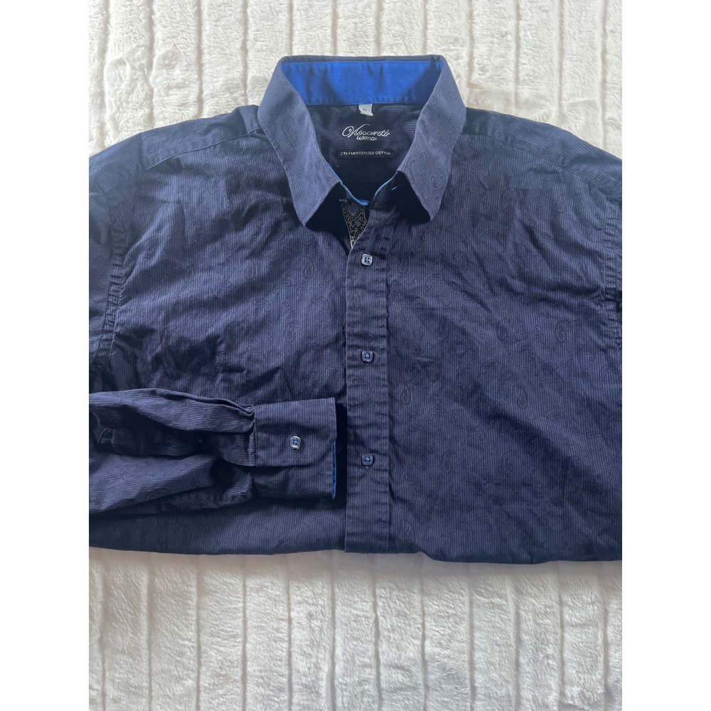 Visconti Uomo XL Mens Dress Shirt Blue Paisley‎ 2 Ply Mercerized Cotton